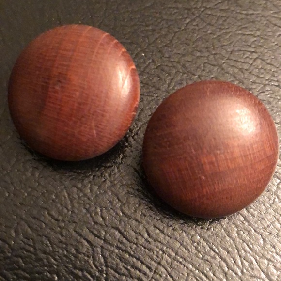 Vintage Brown Matte Wood Oversized Comfort Clip Earrings Made in Germany - #436 - Picture 4 of 6